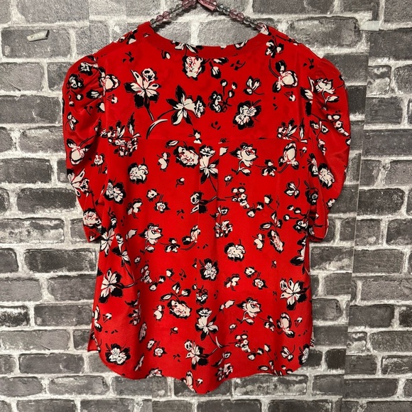 Veronica Beard silk garland blouse Red Puff Sleeve Ruched button down - Picture 9 of 10